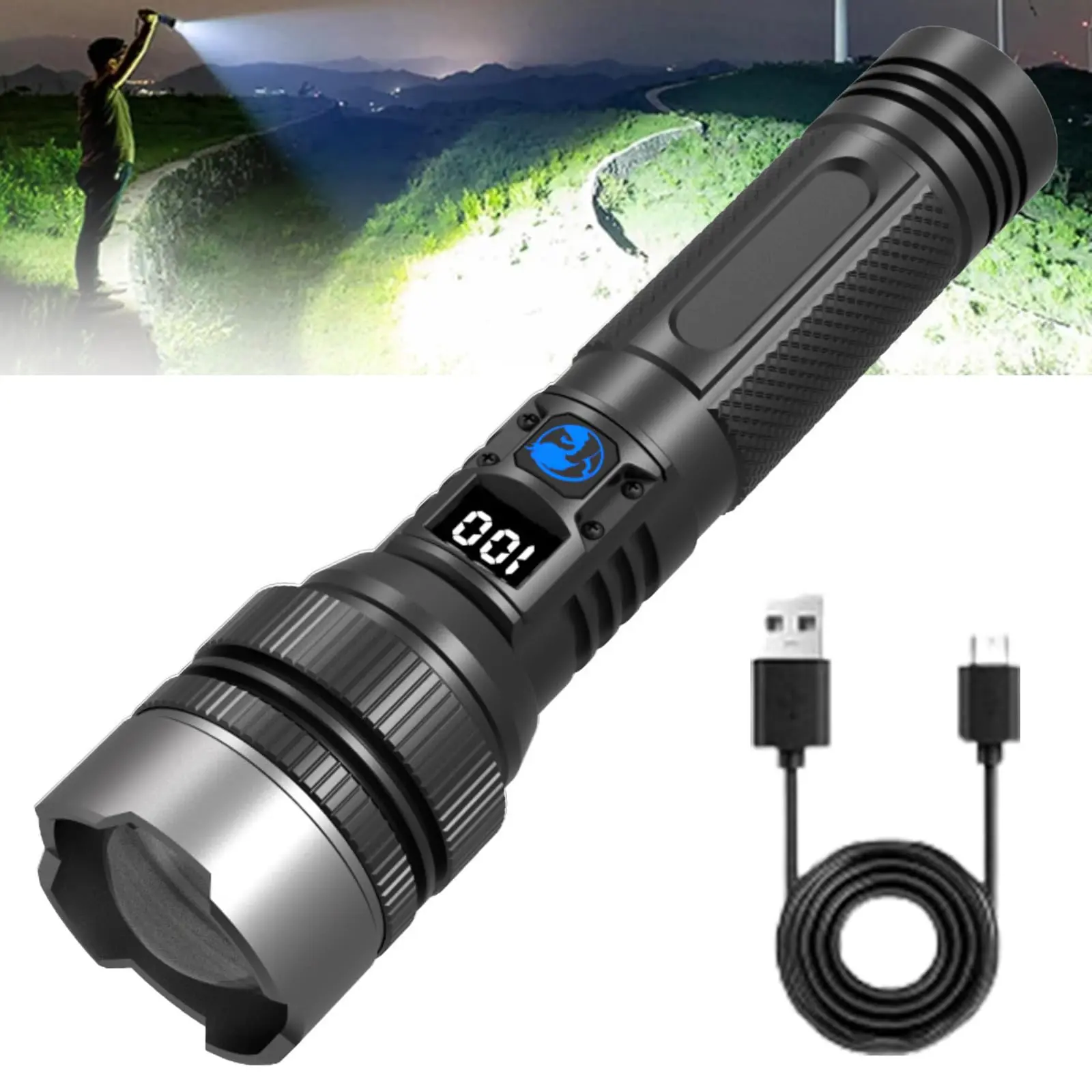 Powerful flashlight (power bank) with digital power display; rechargeable, zoomable, waterproof, adjustable brightness; suitable for outdoor use, emergencies, camping accessories, fishing, garden lighting, night security, and garage lighting.