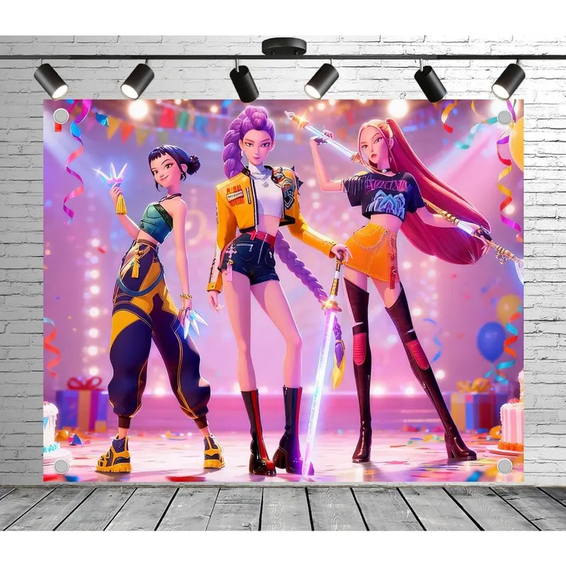 Demon Movie Hunters Photo Backdrop | Polyester Fabric Korean Idol Style Banner for Kids Birthday Theme Party Cosplay Anime Fans Bedroom Decor(8x6ft)