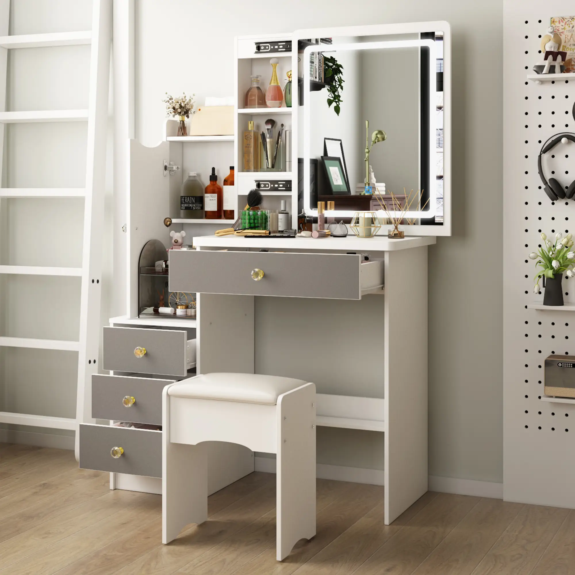 FUFU&GAGA Vanity Desk Set with Sliding Lighted Mirror, Makeup Vanity with Drawer & Shelf, Dressing Table with Cushion Stool, Vanity Set for Bedroom