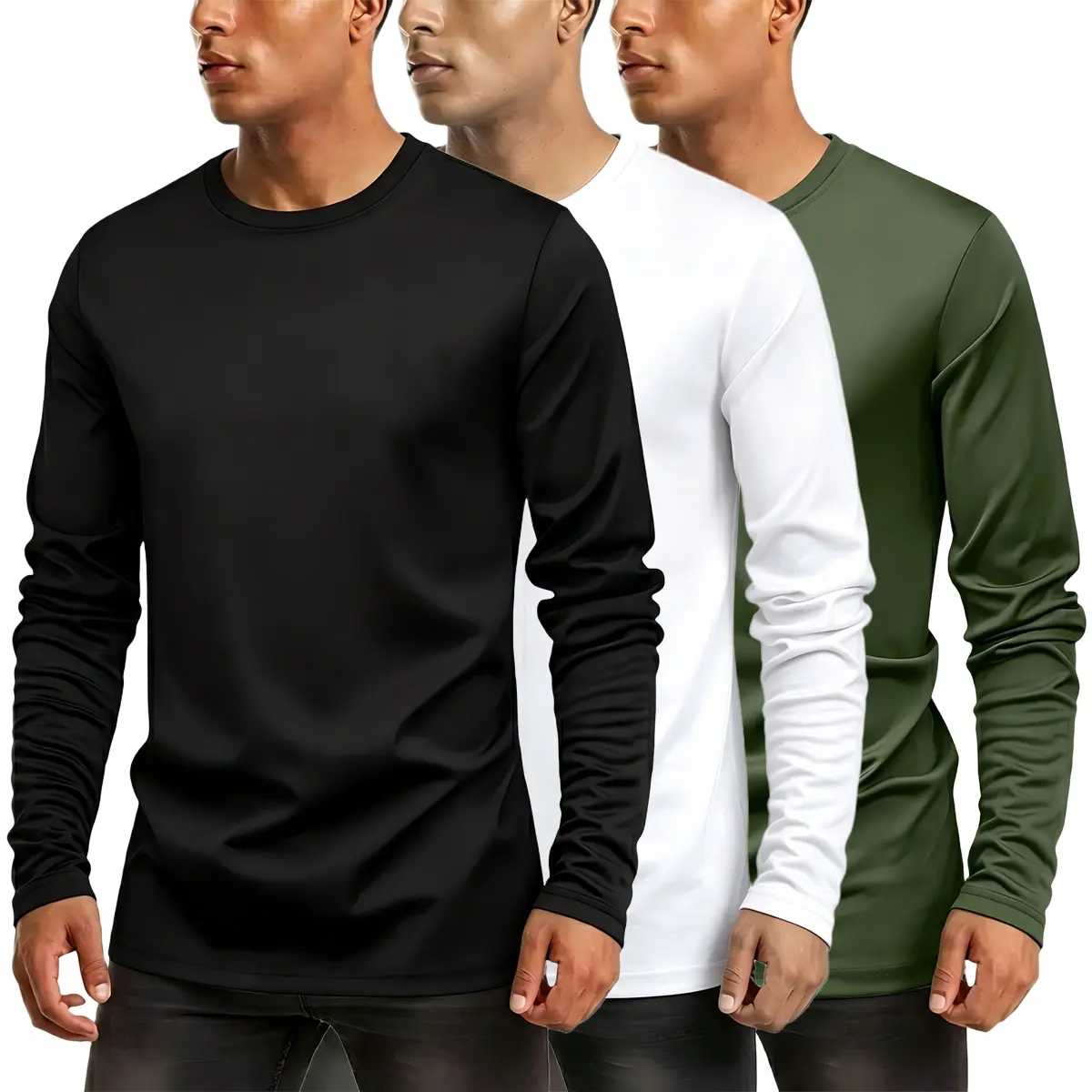Set of 3 men’s athletic compression long-sleeve T-shirts — quick-drying, breathable, crew neck, stretchy fabric — ideal for running, gym workouts, and sports activities; fitness apparel suitable for everyday casual wear