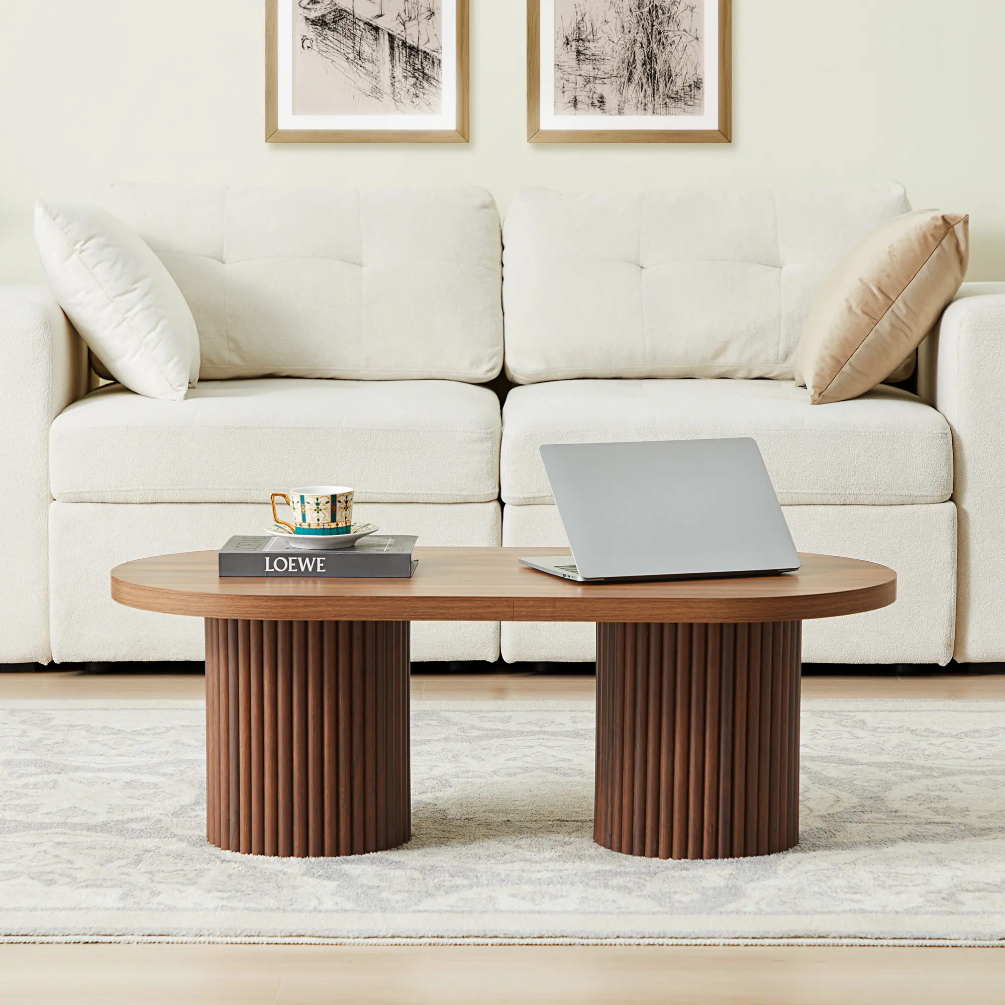 Giratree 39.4'' Oval Fluted Coffee Table, Farmhouse Wood Low Center Table, Mid Century Modern Boho Living Room Table for Office and Small Spaces