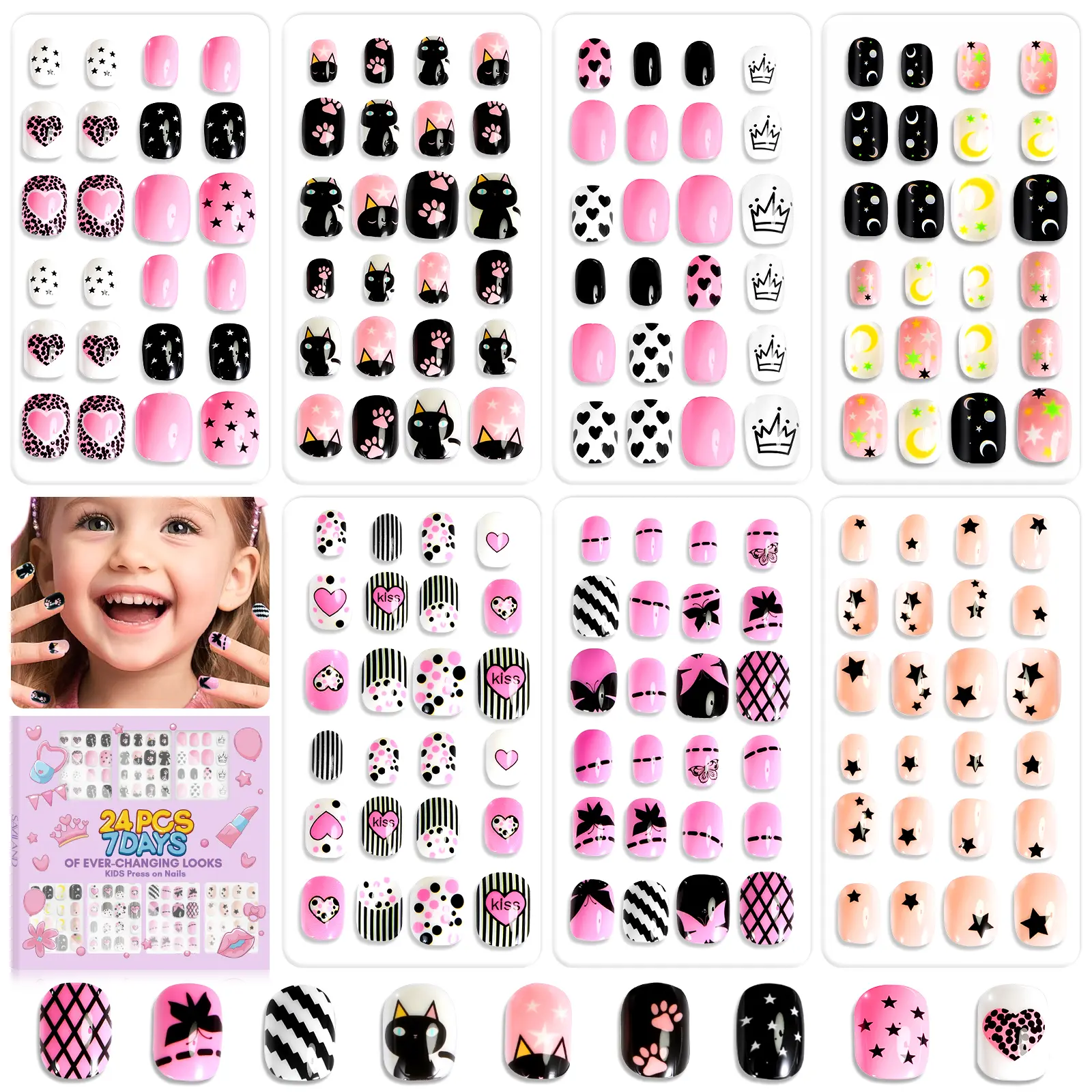 SAVILAND GlamKids Press-On Nails for Girls – 7 Days of Style: Pre-Glued Full Cover Fake Nails for Kids, Gentle & Easy to Wear, Perfect for Gifts & Parties