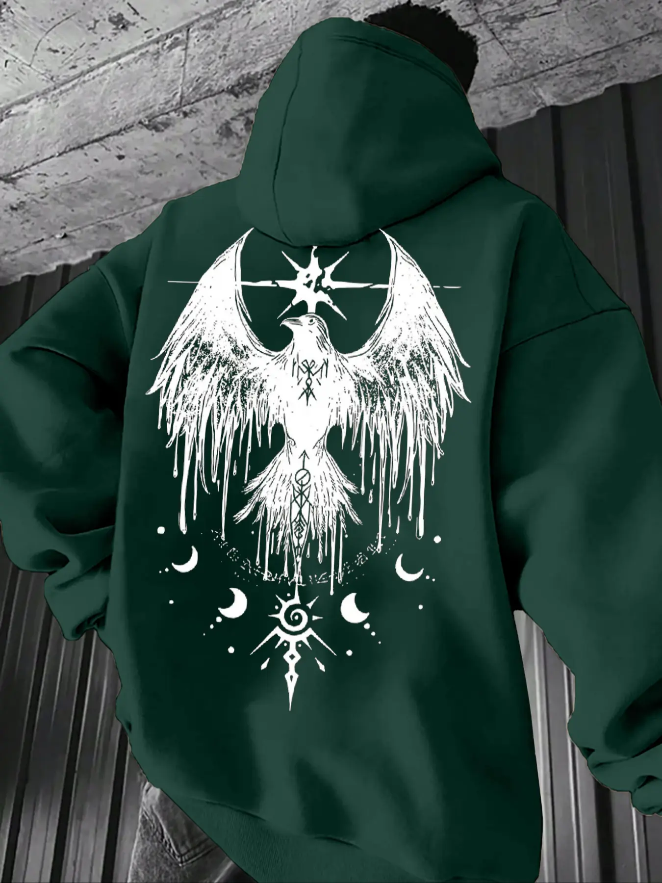 Men's Nordic Style Crow Totem Hoodie, Street Cool Retro Vintage Look, Gothic Hoodie, Casual Fitted Long Sleeve Pullover for Fall & Winter
