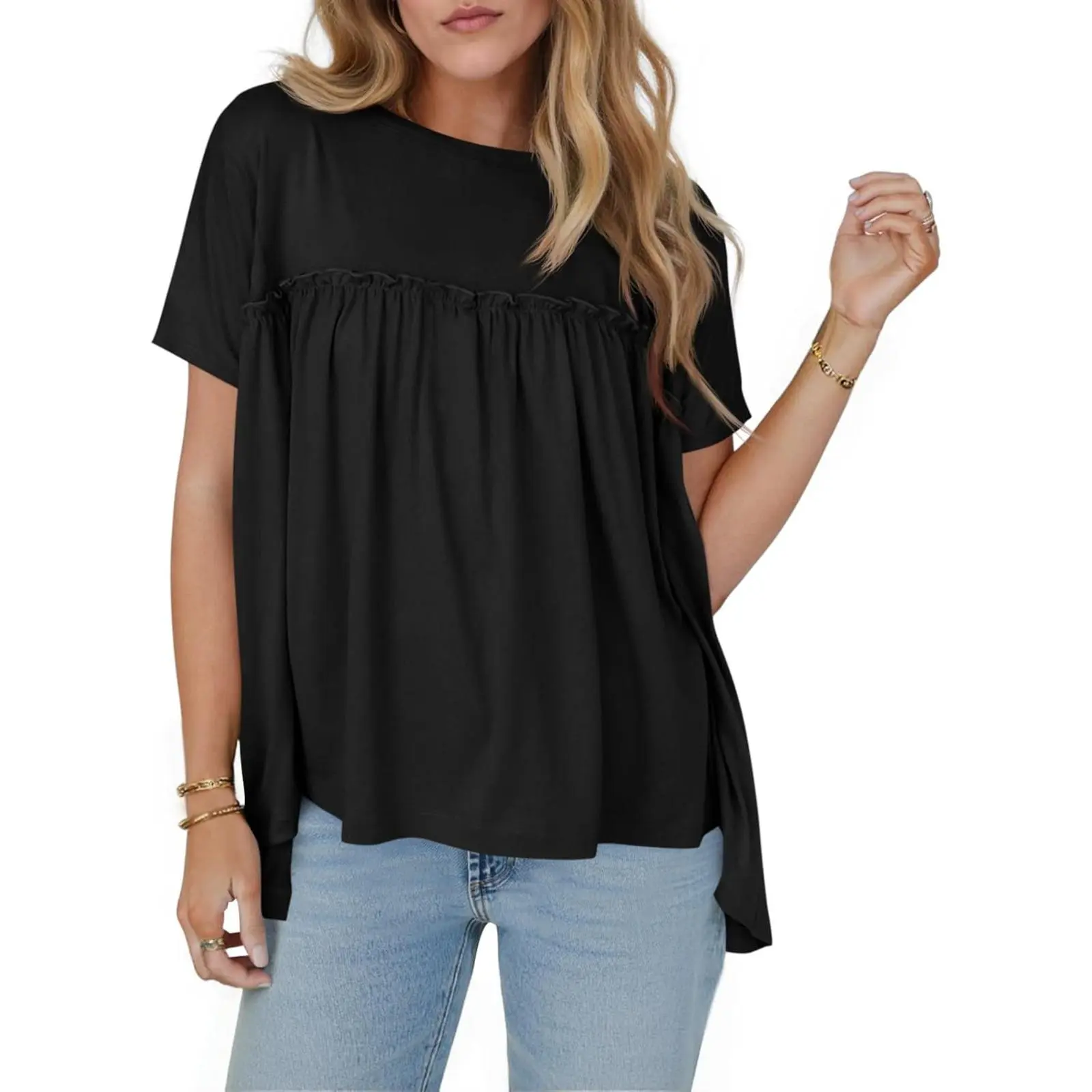 Cicy Bell Women's Summer Breathable Fabric Babydoll Blouse - Short Sleeves, Crew Neck, Pleated, Ruffled Trim, Loose Fit, Casual Street T-Shirt