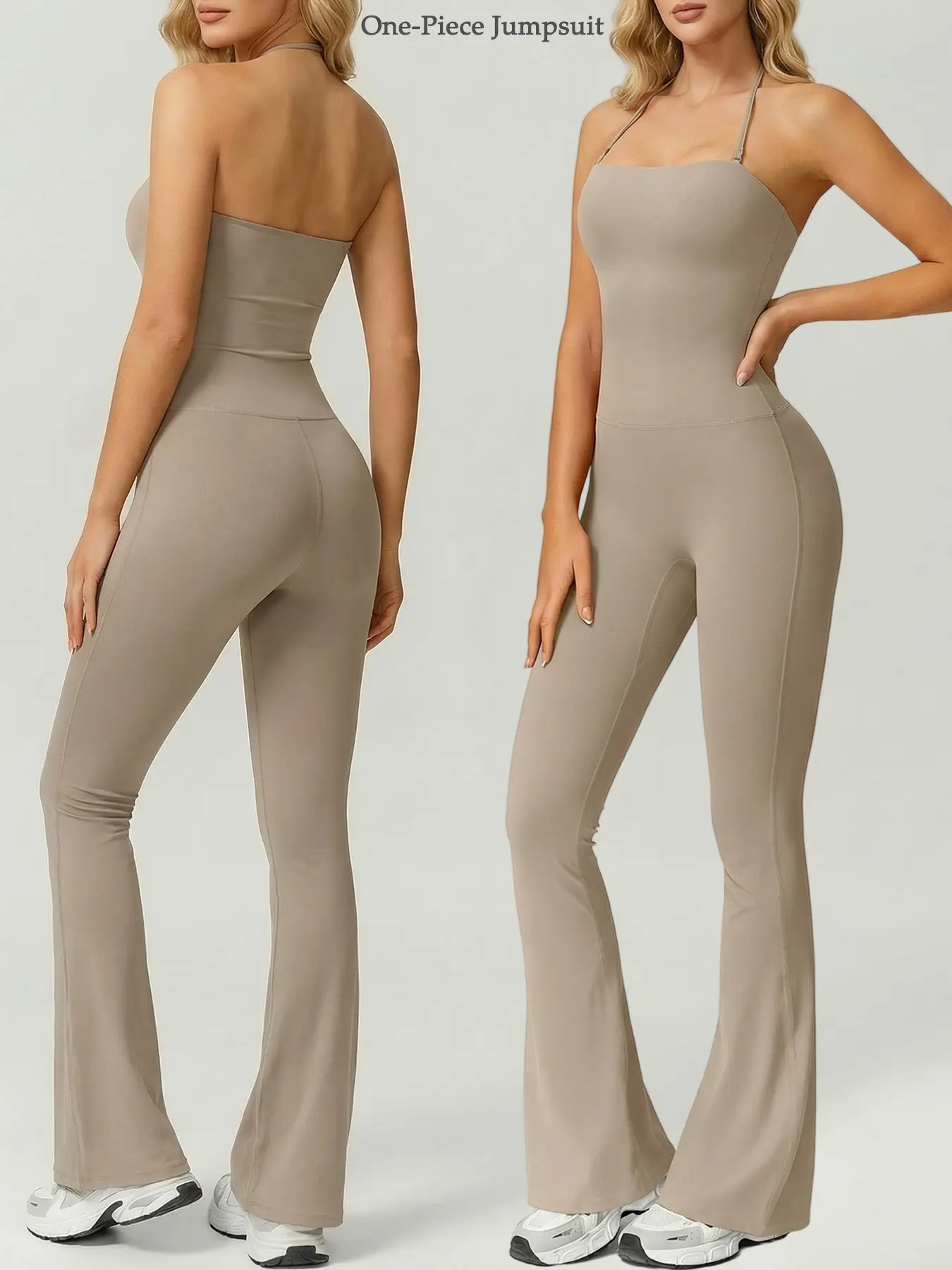 Women's Sleeveless Loungewear Bodysuit, Sleeveless Jumpsuits, High Elasticity Jumpsuit, Solid Color Jumpsuit, Adjustable Spaghetti Straps High-Stretch Bodycon Flared Pants Open Back Yoga Outfit Vacation Travel Layering Casual Slim Fit Sleepwear