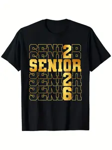 Menswear Short-Sleeve T-Shirt, 2026 Graduate Senior Graduation Top, Black with Gold "SENIOR" Print, Comfortable Cotton Round Neck Fabric, Classic Fit, Skin-Friendly Softness, Smooth Texture, Machine Washable, Casual Summer Wear, for Students