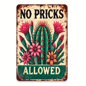 Vintage Cactus Metal Sign 12X8 Inch Retro No Pricks Allowed Wall Art with Colorful Desert Plant Design Rustic Iron Decoration for Bedroom Office Living Room Cafe Bar Home Dorm Decor Toilets Wall Decor