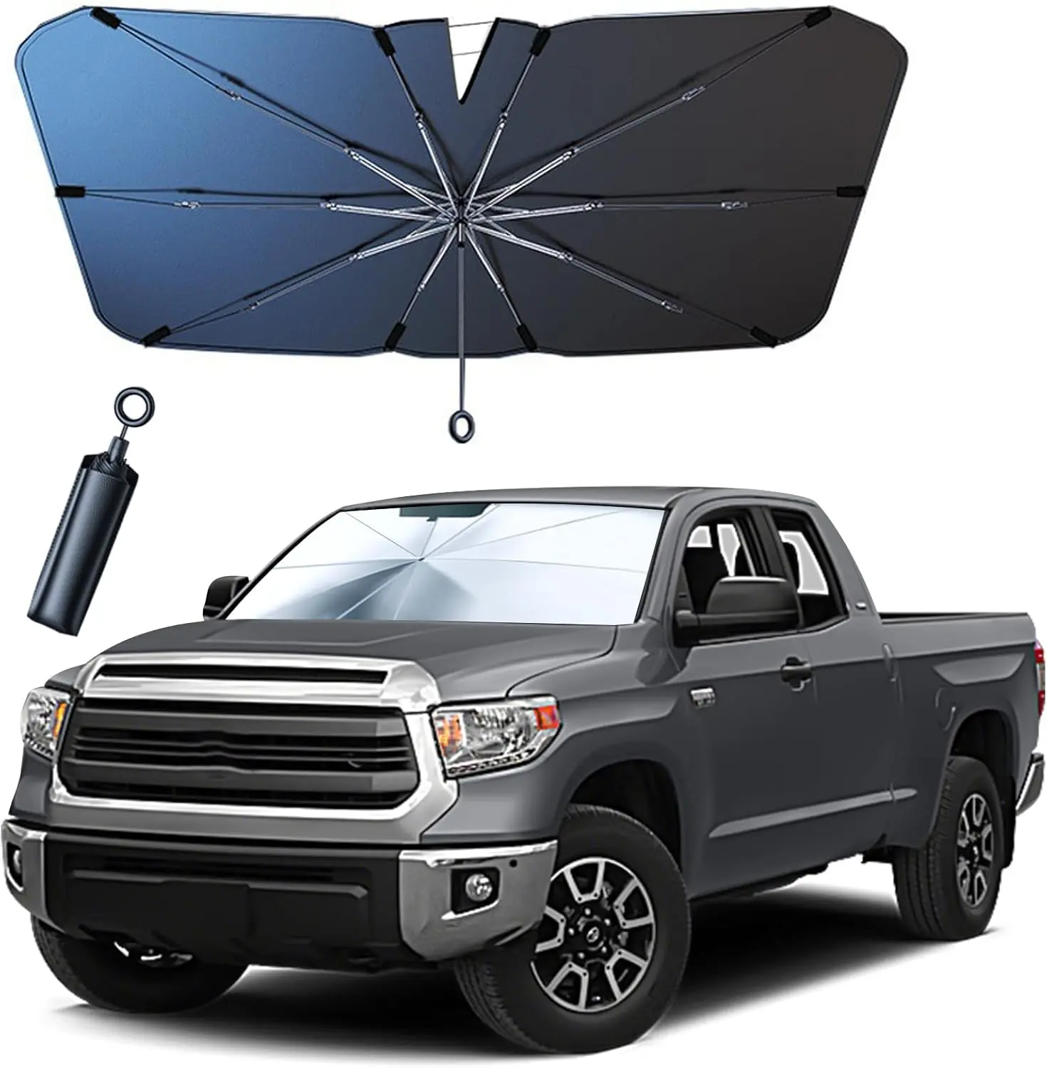 Front Windshield Pull-Cord Umbrella Sun Shade, Car Front Window Cover for Pickup, Large SUV, Truck
