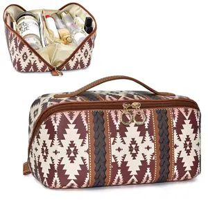 Boho PU Large Capacity Travel Toiletry Bag,  Cosmetic Travel Bag for Women Portable Make Up Organizer Case Open Flat Toiletry Bag with Handle