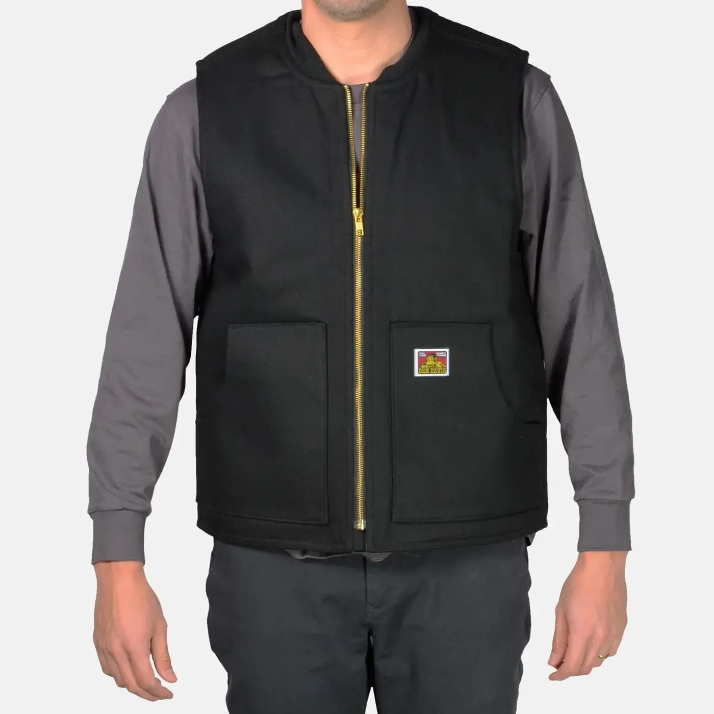 Ben Davis Men's Lined Vest with Zipper Collar and Pockets Made of Acrylic and Polyester Suitable for Menswear Ribbed Collar Heavy Duty Zipper Lined Patch Pockets