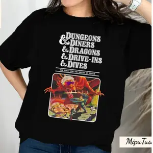 Dungeons And Diners And Dragons And Drive-Ins And Dives T-Shirt, Dragons Playing Houses And Humans Oversize Womenswear Breathable Clear Cropped Day Hoodie Tees