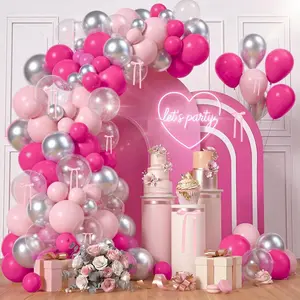 60PCS Hot Pink & Silver Balloon Kit Light Pink, Clear Latex & Silver Bow for Princess Party Decor