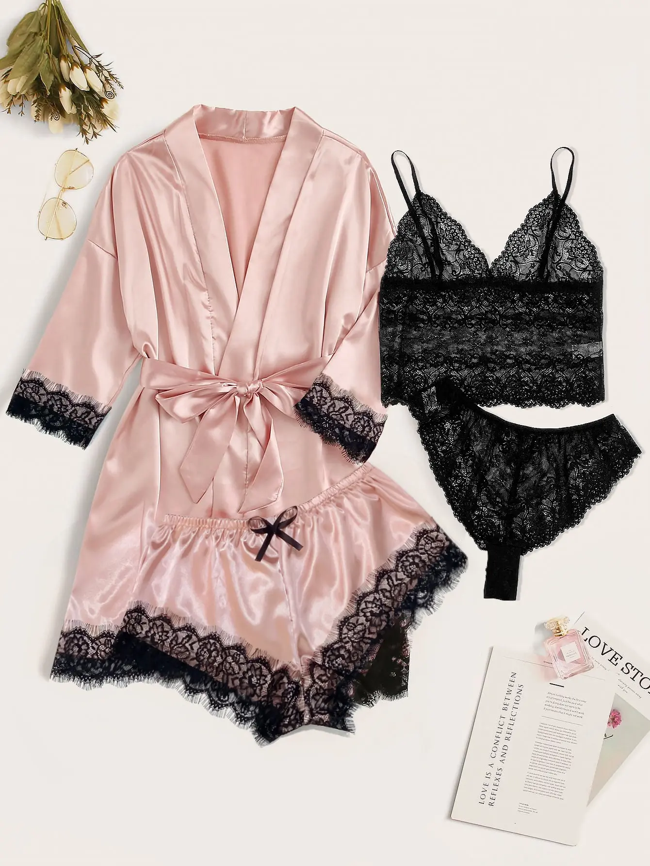 Classic Sexy 4pack Lace Lingerie Set With Satin Belted Robe