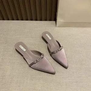 Women's Luxe Satin Mules - Chic Slip-Ons with Sparkly Linked Accent & Leg-Lengthening Pointed Toe for Versatile Outfits