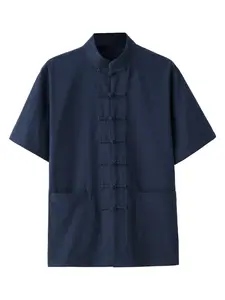 Men's Plus Size Plain Color Tang Suit Short Sleeve Youth Traditional Hanfu Top, Casual Loose-Fitting Button Fly, Chinese New Style Traditional Clothing
