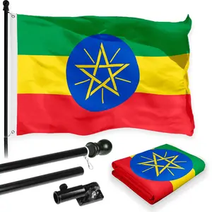Flag Pole 6FT Black Tangle Free & Ethiopia Ethiopian Flag 3x5 Ft Combo Printed 150D Polyester By G128