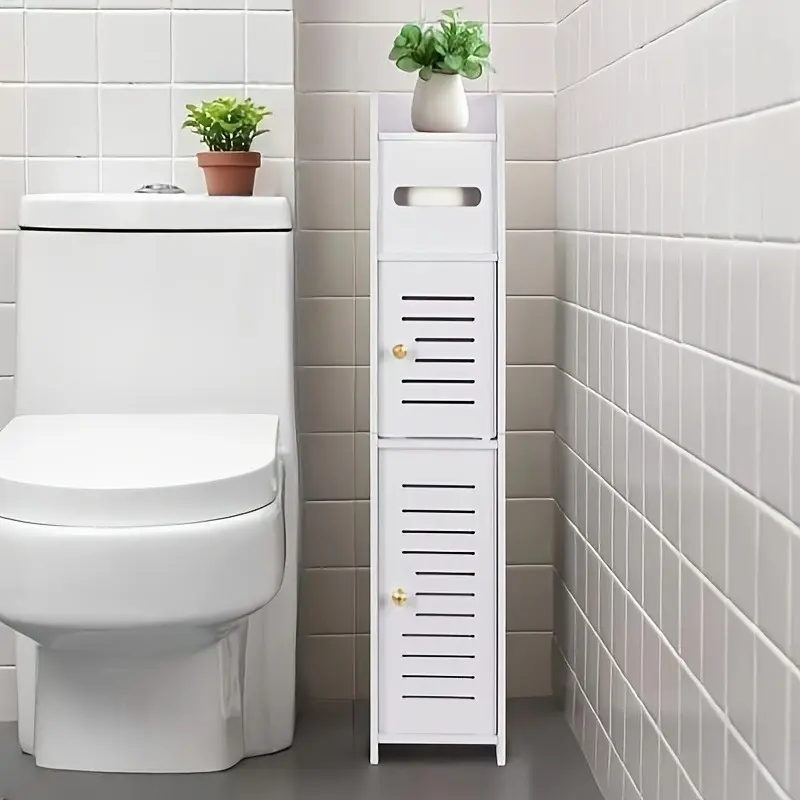 Independent corner bathroom storage cabinet | Double door waterproof plastic shelf with shelf and tissue holder, easy to clean, suitable for narrow areas, floor standing shelf, Freestanding storage cabinet