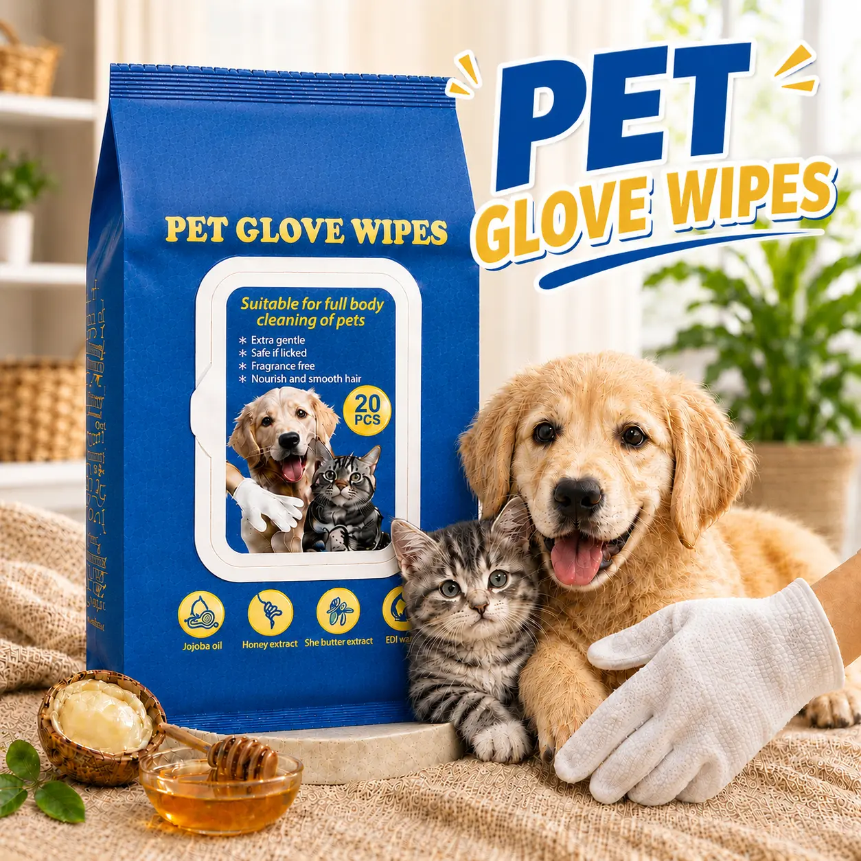 20Pcs Pet Glove Wipes for Dogs & Cats – No-Rinse Disposable Grooming Gloves for Paws, Face, Ears & Full Body, Gentle Waterless Bath Wipes for Daily Cleaning, Travel & After Walks sohochic, Oversize, Deodorizes,glove wipe