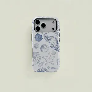 Cute blue retro-style seashell and starfish line drawing protective case, sturdy and durable 2-in-1 case, compatible with iPhone 17/16/15/14/13/12/11 Pro Max/Plus/Pro, Samsung Galaxy S26/S25/S24/S23 Ultra series, simple and stylish phone case.