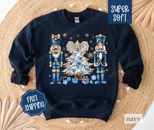 Blue Nutcracker Christmas Sweatshirt, Christmas Sweater, Women's Holiday Crewneck