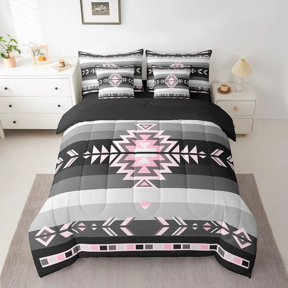 Feelyou 7-Piece Microfibre Bedding Set - Unique Southwest Native American Art Duvet Cover, Geometric Pink-Grey-Black Shapes, High Tensile Strength Breathable Fabric, Comforter, Sheets, Pillowcases, Machine Washable, Queen & Multi-Size Options, Bedding Set