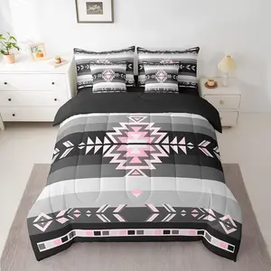 Southwest Native American Bedding Set,Geometric 7 Piece Bedding Set,Pink Grey Black Bed Set,Includes Comforter,Sheet Set,Pillowcases & Pillow Covers