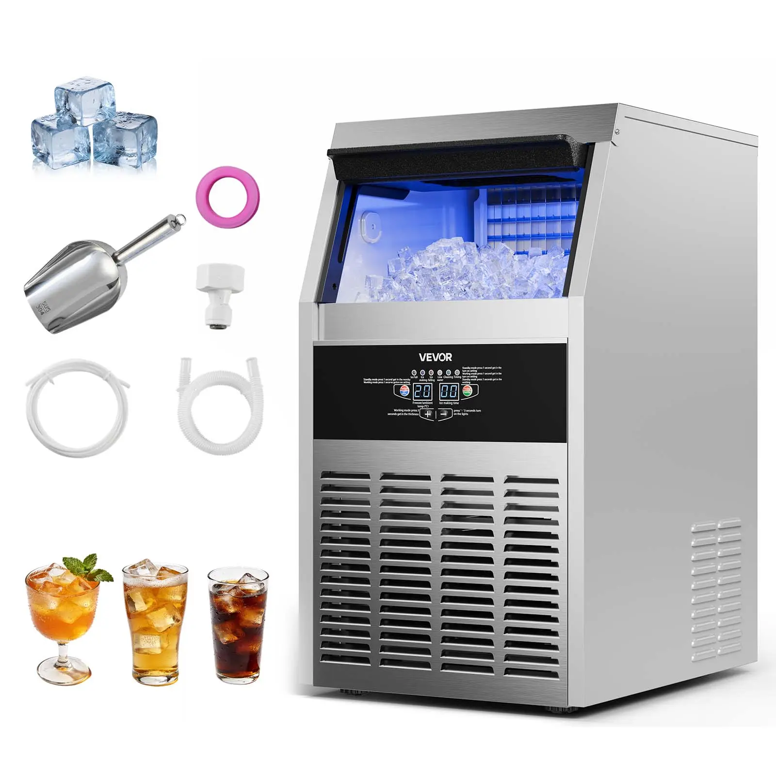 【Summerfinds】VEVOR Commercial Ice Maker Machine, 130 lbs/24h with 30 lbs Storage Capacity, Built-in/Freestanding/Under Counter, Stainless Steel Ice Maker with LED Display & Self-Cleaning, for Home Bar Restaurant
