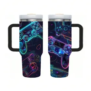 40 Oz Neon Gaming Controller Tumbler With Handle And Straw Lid - Stainless Steel Insulated Travel Mug, Futuristic Video Game Coffee Cup For Gamers, Keeps Cold/Hot