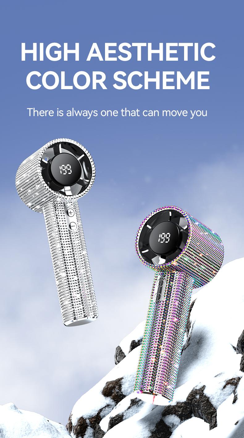 Diamond-Shimmering Luxury Fan-A Portable Handheld Turbo Fan 3 Gear Wind Rechargeable Long Battery Life Hand Fan With Digital Display For Outdoor Activities Travel Office Strong Boosting Output Long Distance Blowing