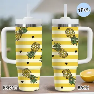 PIKPAKA Pineapple Design Pattern Vacuum Flasks 40oz Stainless Steel Insulated Tumbler with Handle & Straw, Leakproof Travel Mug, 12H Cold Retention, Christmas & Holiday Gift Idea for Friends, Family & Coworkers