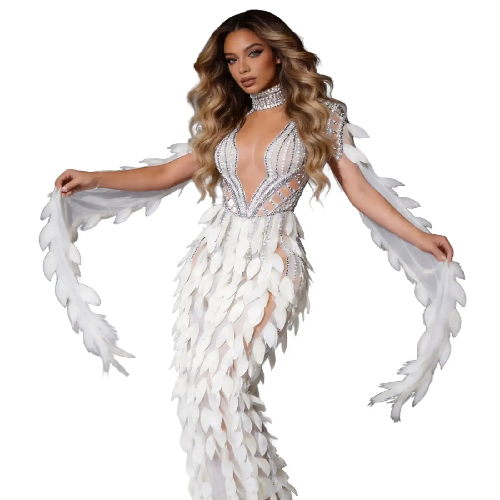 Women's White Formal Evening Gown - Lady's Luxury Rhinestone Pearl Leaf Fringe Dress, Sheer Mesh High Neck Long Sleeve Formal Wear with Crystals and Zip, Ideal for Wedding Guests, Gala Events, Prom Dresses, White Dresses Women