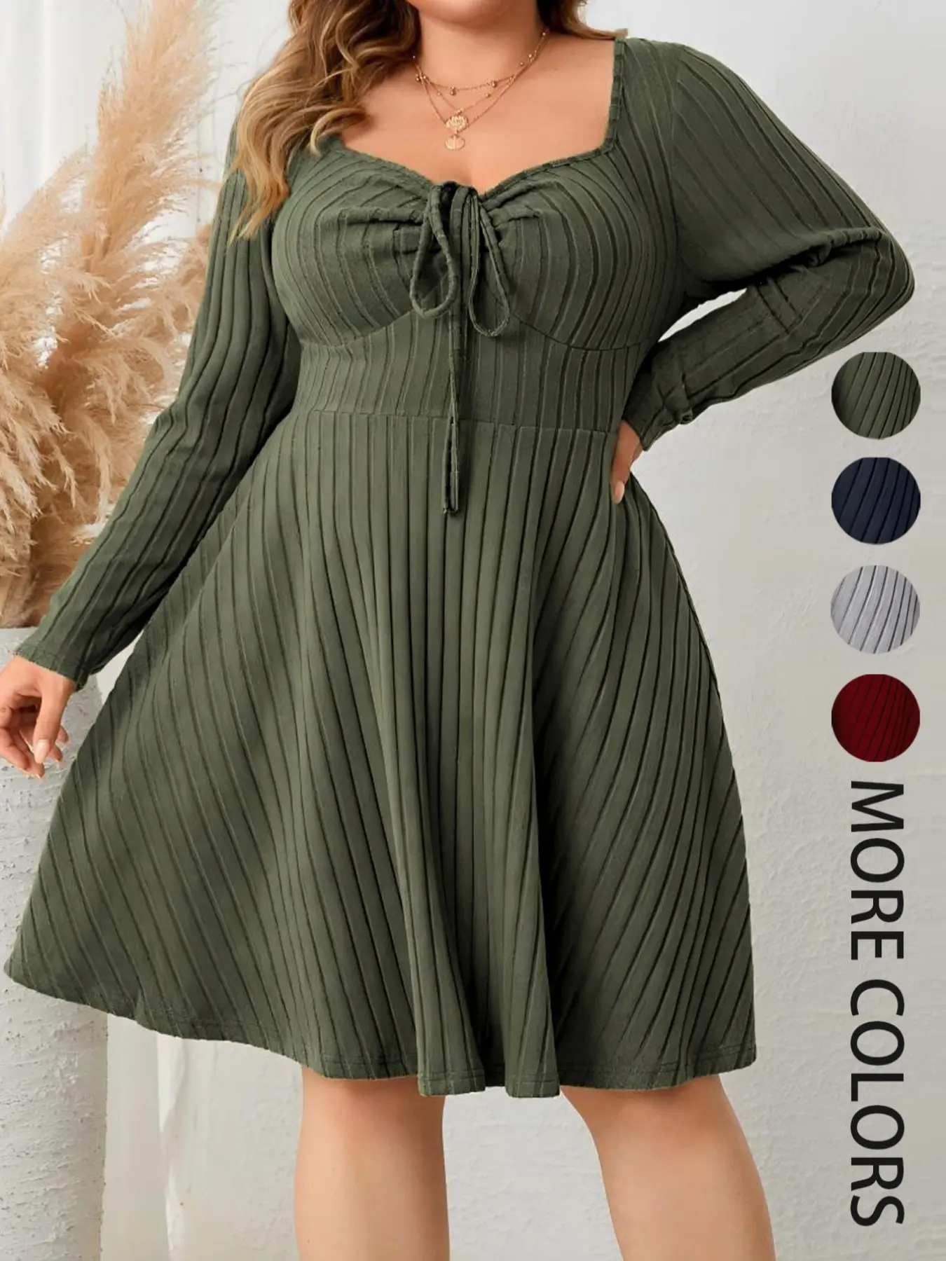 Plus Size Solid Drawstring Sweetheart Neck A-Line Dress, Feminine Chic Casual Long Sleeve Ribbed Dress for Fall, Women's Fitted Clothes for Daily Wear, Womenswear, Lady