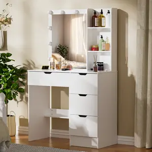 4 Drawers Makeup Vanity Desk with Mirror and 10 Dimmable LED Bulbs White Small Dressing Table with 2 Shelves