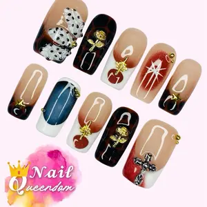 Nail Queendom [RUST & ROSES] Handcrafted 3D Press-On Nails Reusables Long Lasting Salon Quality Easy Application 10 Pieces Set Eco-Friendly 3D-gel Finish
