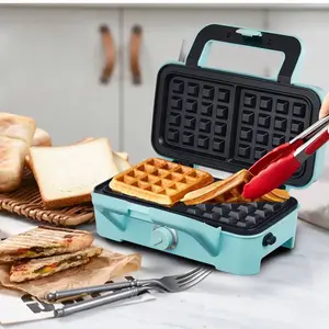 Waffle Maker 3 In 1 Sandwich Maker 1200W Panini Press With Removable Plates And 5-Gear Temperature Control, Non-Stick Coating Easy To Clean,Indicator Lights, Blue