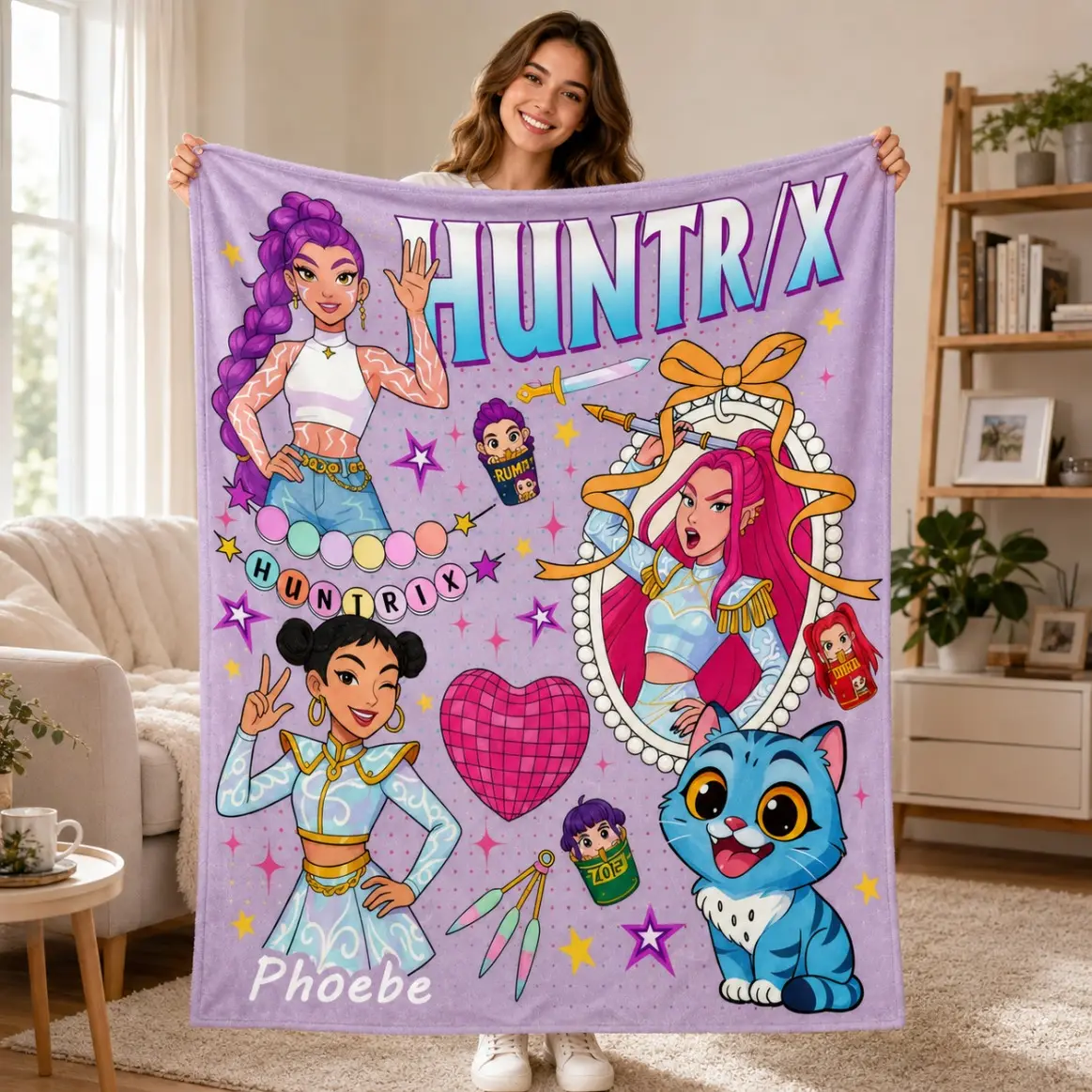 K-Pop Devil Hunter Inspired Anime Flannel Blanket, Colorful Star And Sword Art Print Soft Cozy Lightweight Plush Throw Blanket For Adults And Kids, Bedroom Sofa Throw, Office Nap, Travel, Birthday Gift And Home Decor
