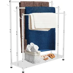 Large Free Standing Rack with Shelf & 6 for, 3 Blanket Drying Stand Holder for Pool, Bedroom, Living Room, White