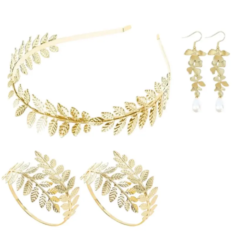 5 Pieces Greek Goddess Costume Accessories Set, 1 Piece Golden Leaf Crown Headband, 2 Pieces Coil Upper Armband Bracelet, 2 Pieces Dangle Earrings, Bridal Wedding Headpiece Toga Costume