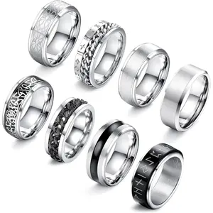 MILACOLATO 8 Pcs Stainless Steel Rings High Polished Mens Band Wedding Engagement Fidget Rings for Men Vintage Spinning Rings Size 7-13 Daily