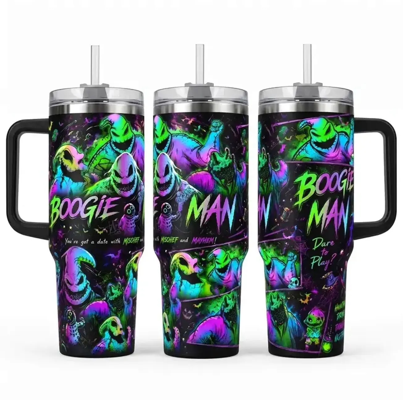 Gambling Bogeyman 40oz Insulated Tumbler with Handle & Straw, Gothic Halloween Travel Mug, Spooky Monster Graphic Cup, Nightmare Inspired Drinkware, Horror Movie Fan Gift, Stainless Steel Coffee Water Cup