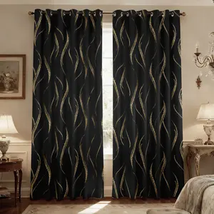 Blackout Curtains for Bedroom, Curtains 63 Inches Length Curtains Gold Foil Abstract Geometric Curtain for Living Room Darkening, Window Panels for Guest Room Grommet Top 2 Panels
