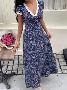 French Vintage Ditsy Floral V-Neck Lace Trim Long Dress, Waist-Cinch Slimming Tea Break Dress, Elegant and Stylish