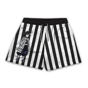 Demon Slayer Obanai Iguro Anime Shorts Stripe Unisex Sports Double-Layered Inner Shorts Full Print Drawstring Design Men Women Mesh Basketball Shorts 4 Pockets 5.5 Inseam