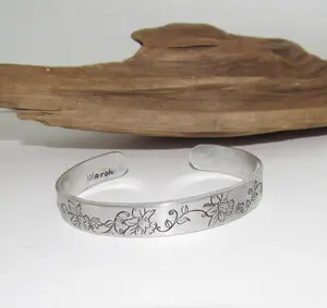 Hand stamped designs adjustable birth flower bracelet cuff, birthday gift for her personalzied flower brides maid gift