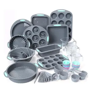 54 Pieces Silicone Baking Pans Set, 10 Silicone Cake Molds, Loaf Pan and Muffin Pans, Non-Stick Baking Cup, with Measuring Cups and Spoons Set, Grey