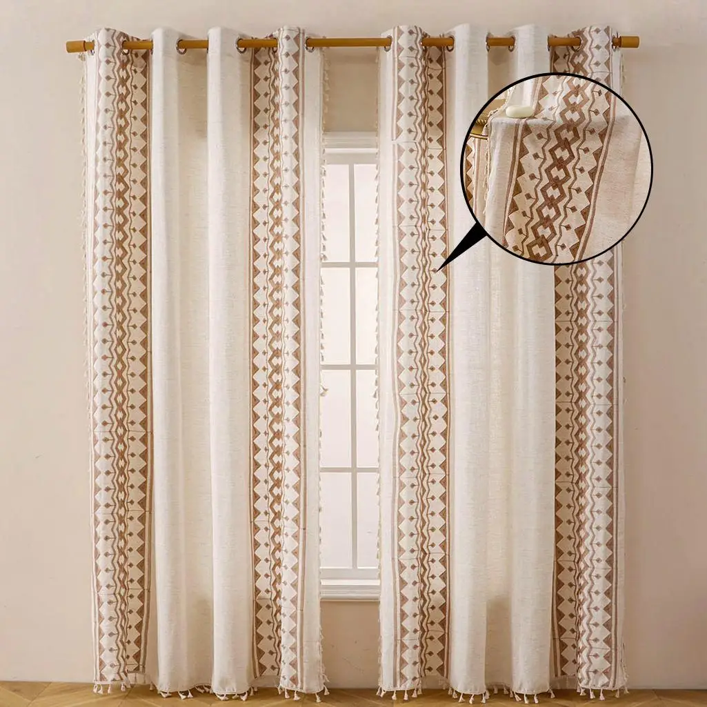 Boho Style Feather Embroidery Curtain, 1 Count Modern Simple Organic Cotton Window Curtain, Home Decorative Curtain for Living Room Bedroom Restaurant