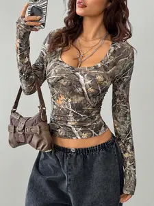 Women's Slim-Fit Tree Print Long Sleeve Casual Top, K2k Style Fashion Tee for Outdoor Activities, All-Season Wearable Women's Clothing