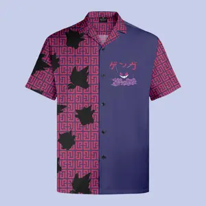Gengar Ghost Type Hawaiian Shirt with Pokemon Motif - Chrismast Gift for fan, him, husband - Collar, Menswear, Fabric, Loose, Wood Button Pikachu