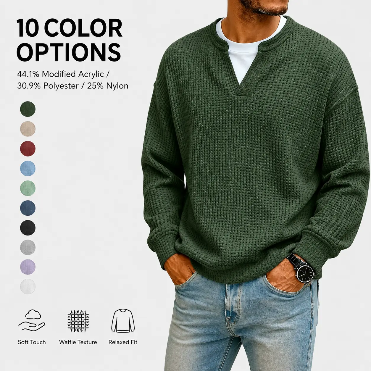 Men’s Waffle Knit Pullover Sweater, Oversized Split Neck Long Sleeve Top, Soft Textured Relaxed Fit Casual Shirt for Fall Winter, Everyday Streetwear Layering Essential Knitwear Menswear