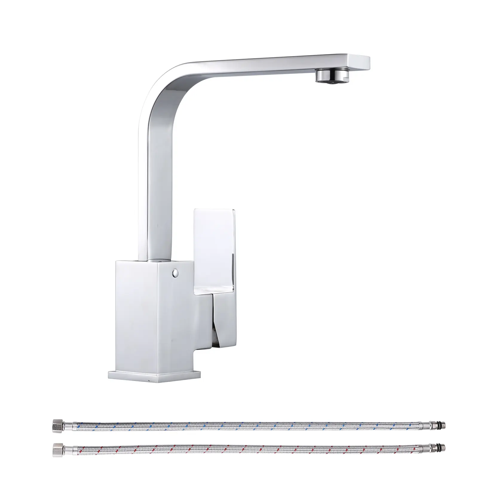 WOWOW Chrome Single-Handle Single-Hole Stainless Steel Kitchen Faucet - 9.7 in Rustic Glam Classic Traditional Garden Bar Tap with 1.2 GPM Dual-Mode Aerator, Square Spout, Supply Hoses, RV-Compatible Small Sink Tap for Kitchen Supplies